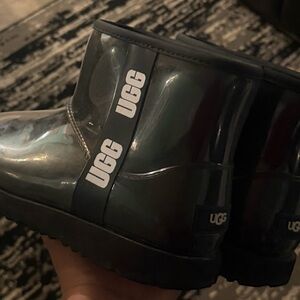 UGG Glossy Black Short Rain Boots with Logo Strap